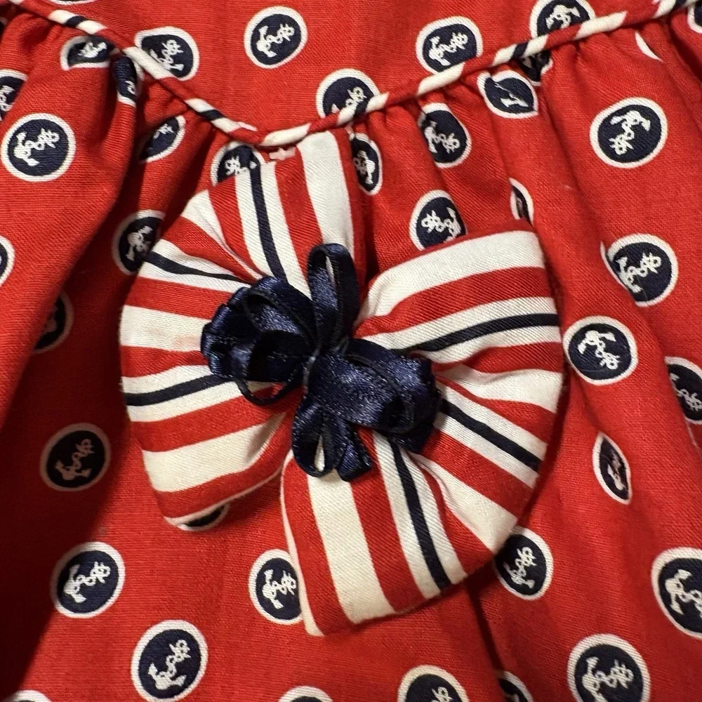 Girls Red Polka Dot Cotton Dress with Navy Bow